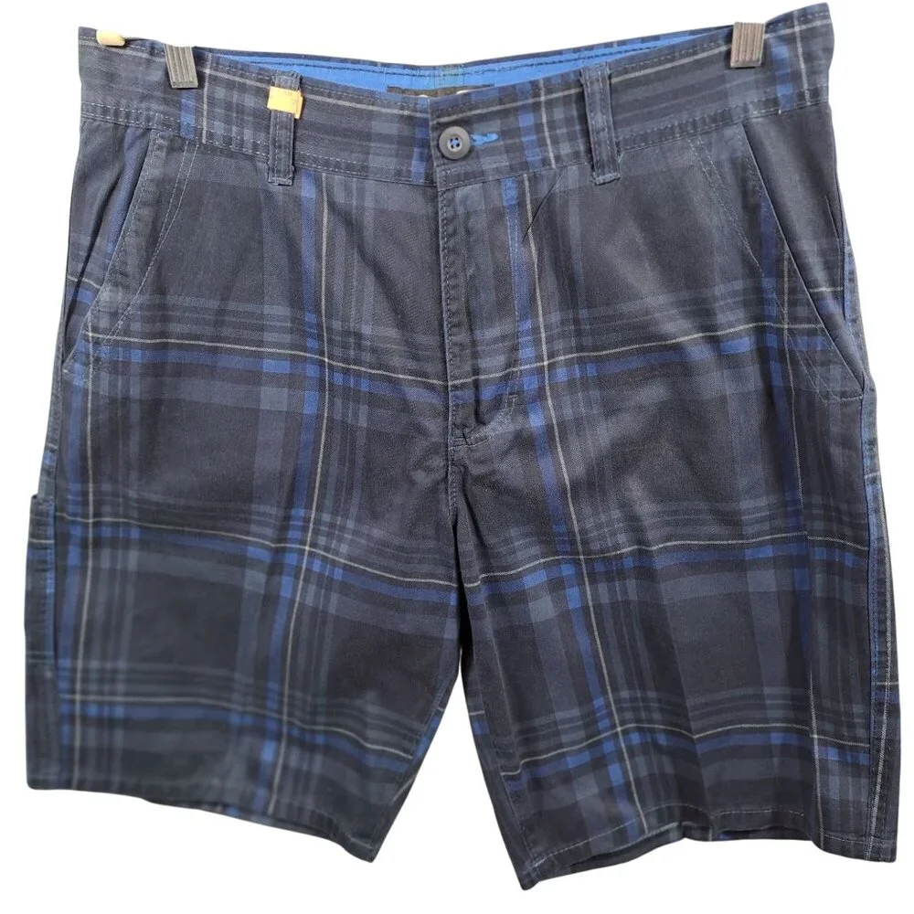 OP Ocean Pacific Mens 34-36 Black Blue Plaid 100% Cotton Casual Shorts Zip Flat